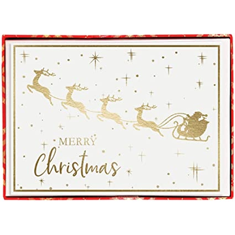 Christmas Card Pack Gold Sleigh Reindeers 15Ct