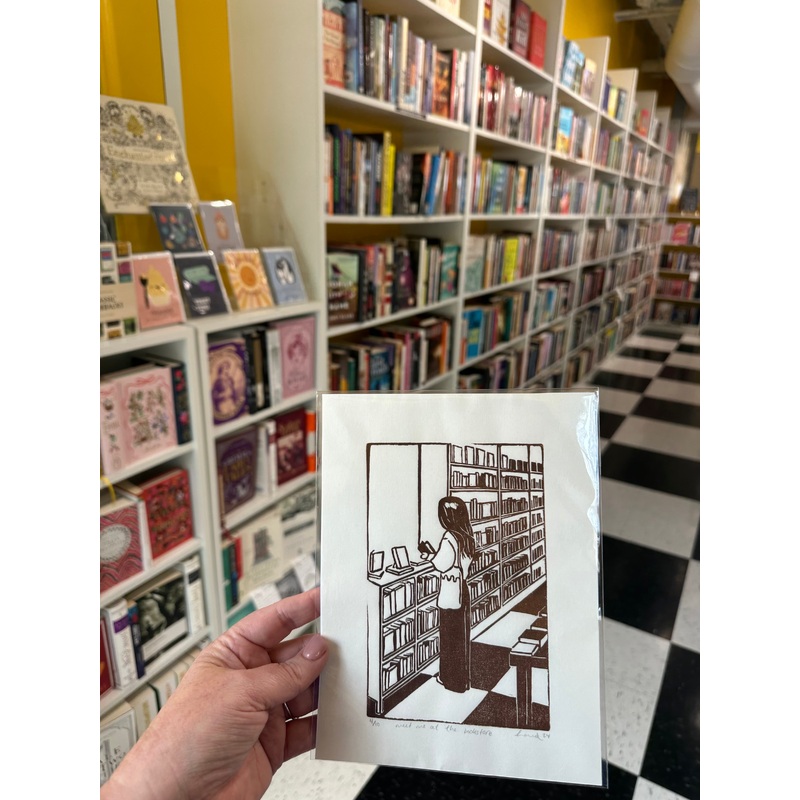 "Meet Me At the Bookstore" lino cut print